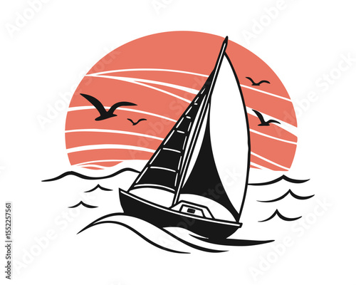 Sailboat at Sunset Ocean Scene Graphic Illustration