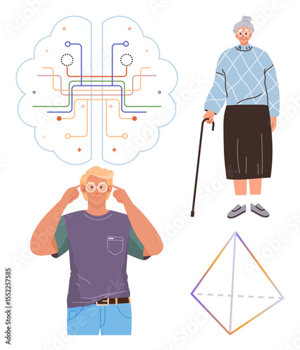 Elderly woman with cane, young man adjusting glasses, neural pathways in brain, and geometric prism. Ideal for aging, intergenerational relationship, science, connectivity, education vision