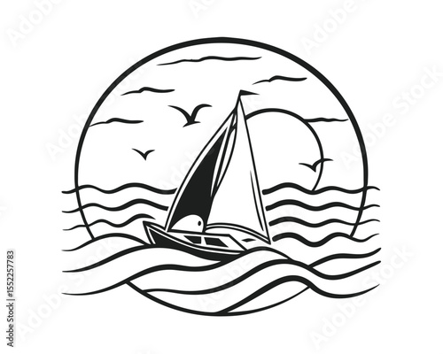 Sailboat on Ocean Waves Black and White Illustration