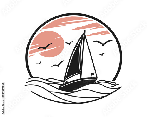 Sailboat at Sunset Ocean Waves Minimalist Design