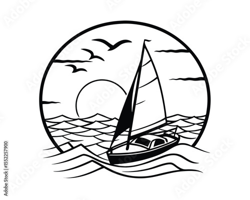 Sailboat on Ocean Waves at Sunset Black and White Illustration