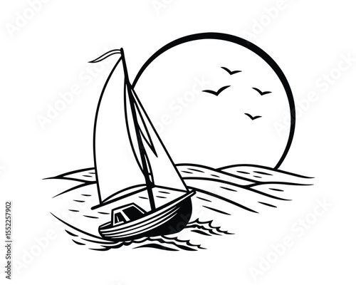 Sailboat on the Ocean at Sunset Black and White Illustration
