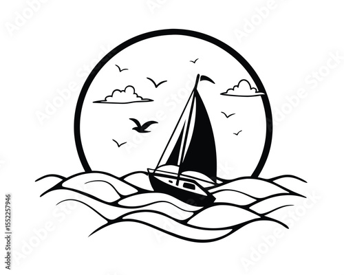 Sailboat on Ocean Waves with Birds and Clouds