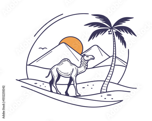 Camel in a Desert Oasis with Palm Tree