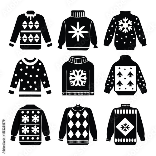Collection of Christmas sweater icons with various festive patterns and designs for holiday apparel