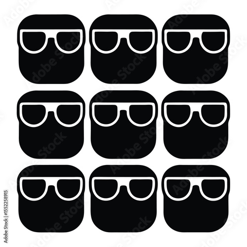 A grid of anonymous avatars wearing sunglasses representing a concept of group identity, online security, and conformity in a digital community