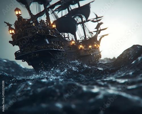 Dark ship sails stormy sea