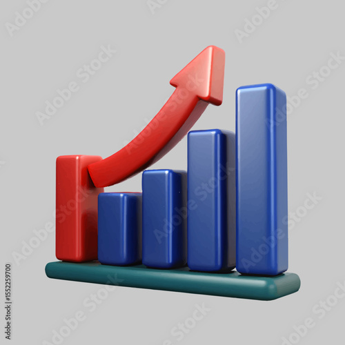 A vibrant 3D render showcases a rising bar graph with a prominent red arrow, symbolizing financial growth and market success.