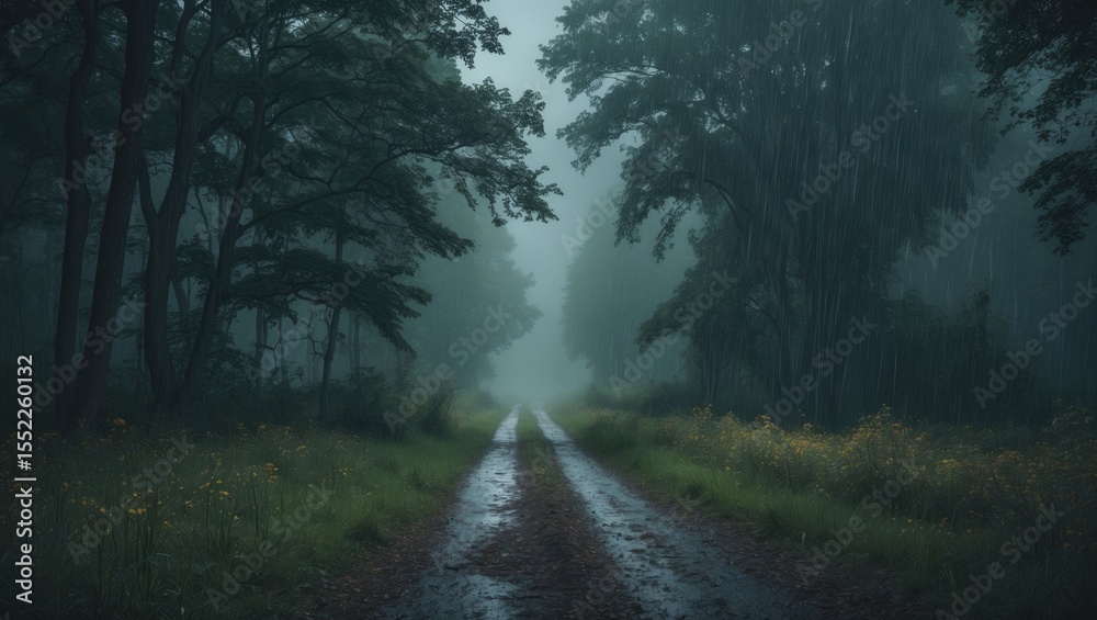 Fototapeta premium Trail in the Woods during a Misty and Rainy Summer Day with Empty Copy Space for Text