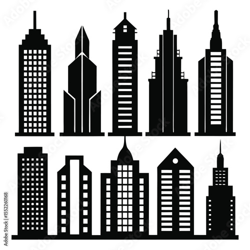 Silhouetted cityscape illustration featuring various skyscrapers and buildings against a plain background