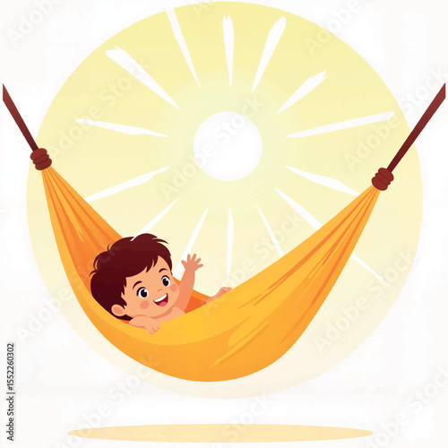 Joyful child swinging in hammock under sun rays, summer bliss