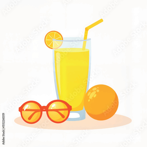Refreshing orange juice with sunglasses and orange, summer vibes