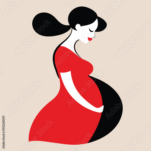 Pregnant woman in red dress happily cradling her baby bump with closed eyes in simple illustration