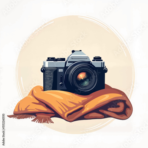 Vintage camera illustration on orange blanket, artistic decor
