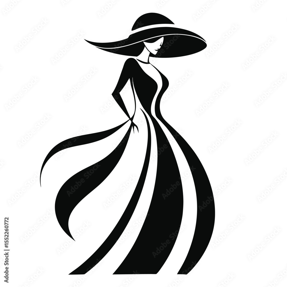 Obraz premium A sophisticated graphic illustration of an elegant woman in a chic wide-brimmed hat and flowing gown, embodying timeless grace and fashion with an artistic concept