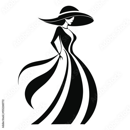 A sophisticated graphic illustration of an elegant woman in a chic wide-brimmed hat and flowing gown, embodying timeless grace and fashion with an artistic concept