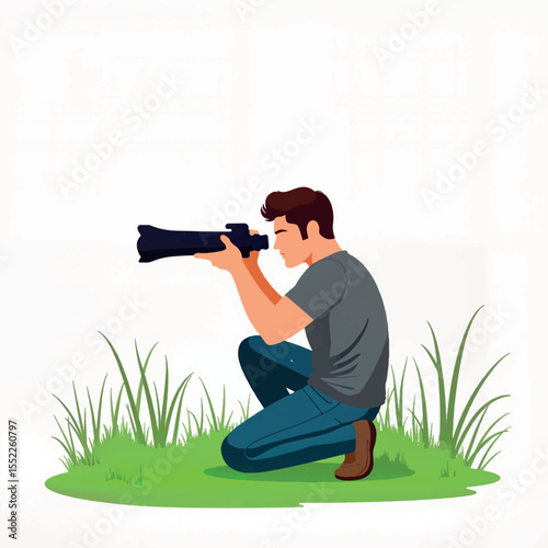 Focused photographer kneeling in grass, capturing nature's beauty