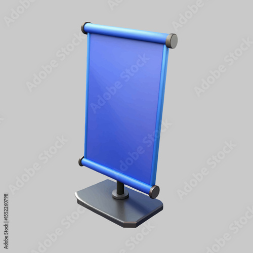 A blue roll up banner stand is displayed against a stark black background, perfect for presentations or advertisements.