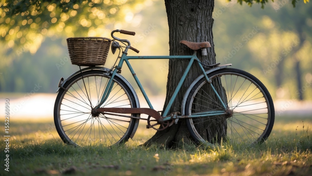 Fototapeta premium Big Old Bicycle Leaned Against The Tree with Empty Space for Text