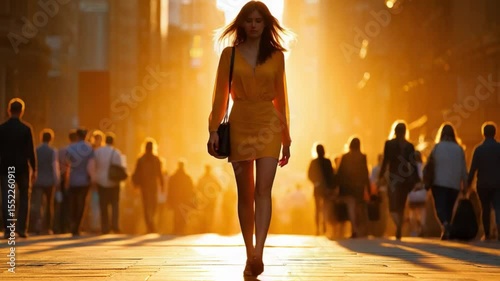 Woman walking in city at sunset: A woman in a yellow dress confidently striding through a bustling city street at sunset. The warm golden light illuminates her, creating a dramatic and stylish image.