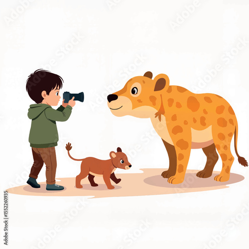 Child photographing animal at zoo, exploration and curiosity