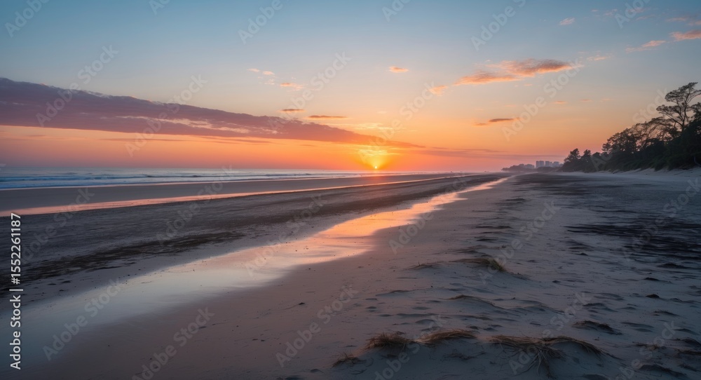 Fototapeta premium Deserted Beach Scene At Sunset with Empty Copy Space for Text