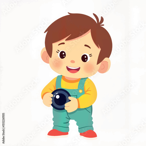 Cheerful child holding a lens cap in hand, playful curiosity