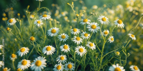 Pharmaceutical chamomile flowers growing in nature with medicinal plant and empty space for text.