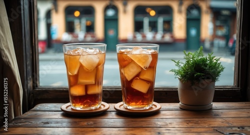 Fototapeta Naklejka Na Ścianę i Meble -  Two glasses of iced tea on a wooden table next to a window with a city street view and a small potted plant nearby, with space for text.