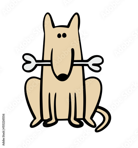 Cute guard dog follows commands, sits and holds a bone in his teeth. Vector illustration of a pet and food.  The friendly animal is wagging its tail, guarding the house.