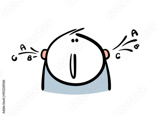 Silly stickman listens, but does not understand the meaning of the words. Vector illustration of a carefree man. Letters fly in and out of one ear.