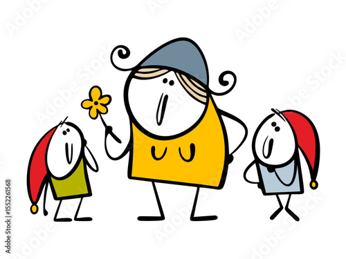 Characters from a fairy tale, Snow White and the dwarfs. Vector illustration of funny little men and a beautiful young girl, friends and flowers.
