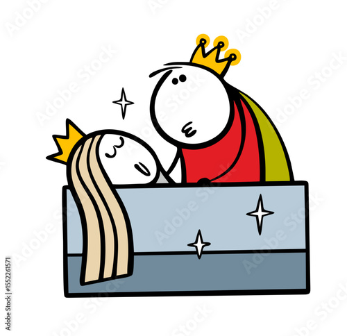 Fairy tale story about sleeping princess and a handsome prince savior. Vector illustration of  stickman in a crown kissing  woman. Cute girl is sleeping  magical dream.