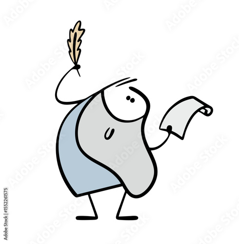 Cartoon writer with a long gray beard holds a bird's feather and writes on a piece of paper. Vector illustration of an ancient poet composing a novel. Creativity and inspiration.