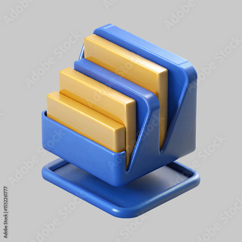 A clean rendered illustration shows a blue organizer containing neatly arranged gold blocks, ideal for design projects.