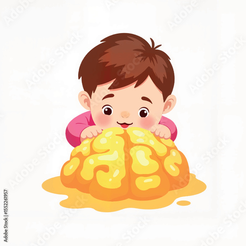 Curious child fascinated by brain-shaped jelly, imaginative play