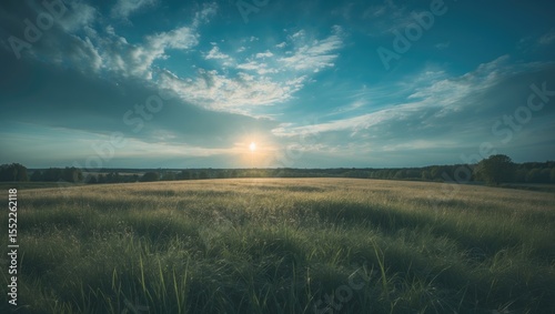 A summer landscape with a grass field, blue sky, and sun.