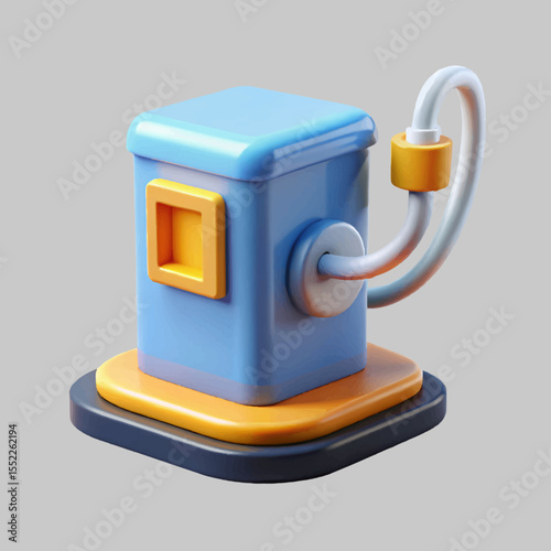 Rendered gas pump cartoon shows a stylized fuel dispenser in blue, yellow and white colors, for use as a graphic element.