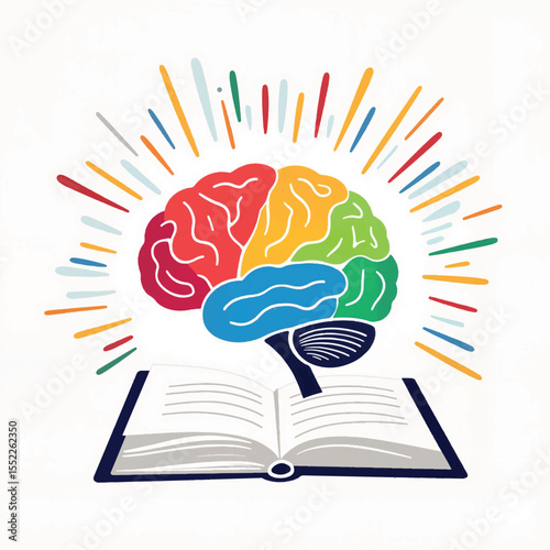 Creative brain illustration emerging from an open notebook, knowledge
