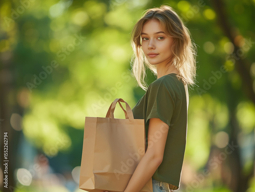 Young Woman Holding Paper Bag in Green Park