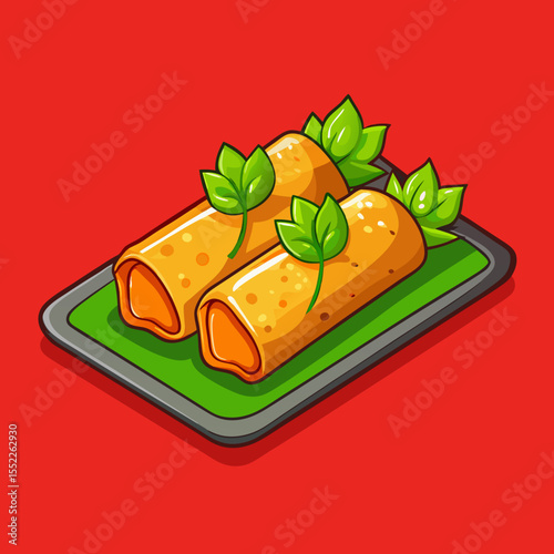 Delicious spring rolls served on a green plate with fresh garnish