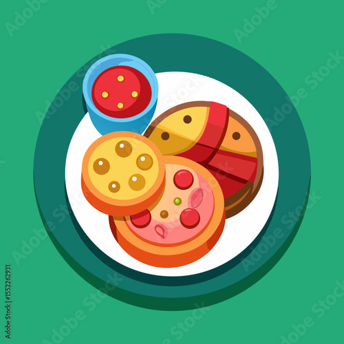 Colorful cartoon illustration of pizza slices and dipping sauce on a plate
