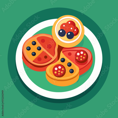 Flat design illustration of mini pizzas and tomato slices with olives