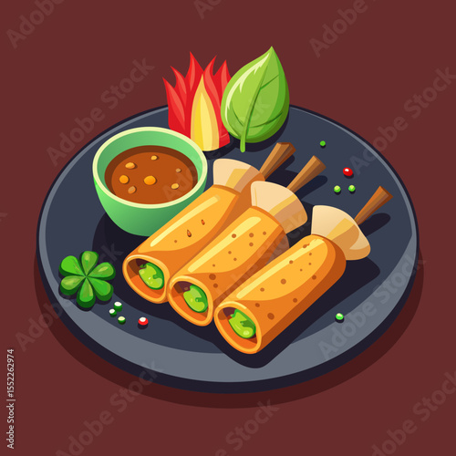 Delicious spring rolls with dipping sauce and fresh garnishes on a plate
