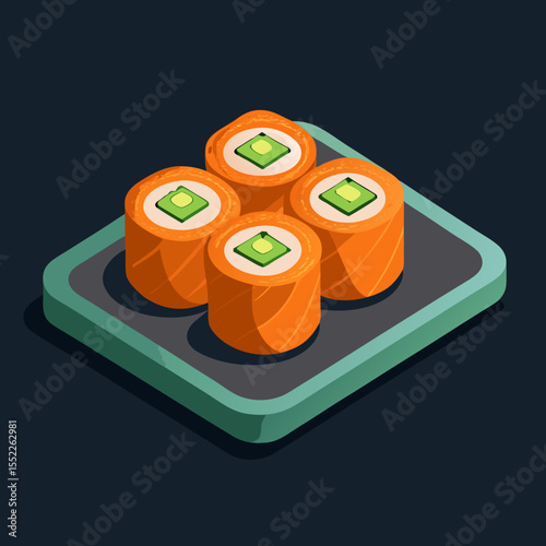 Four salmon avocado sushi rolls arranged on a dark plate with a dark background