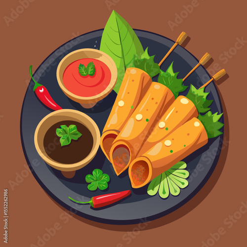 Delicious spring rolls with dipping sauces and chili peppers on a plate