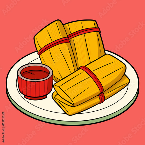Delicious tamales wrapped in corn husks served with red sauce on a plate