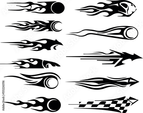 Collection of dynamic black tribal flame and speed racing stripes decals for vehicles and sports equipment