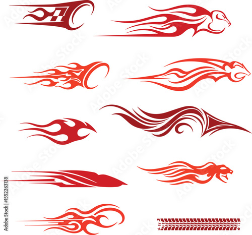 Collection of dynamic red tribal flame and speed stripe graphics with a checkered flag and tire tread detail for automotive customization