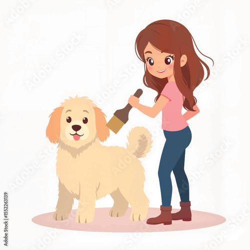 Girl happily brushing fluffy dog in home, pet grooming joy